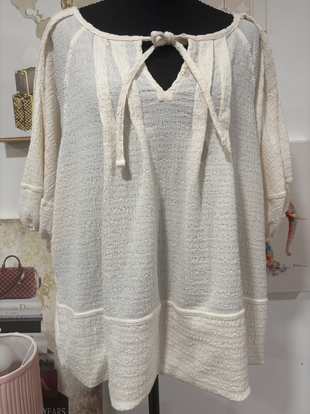 LOFT Cream Textured Tie-Neck Top